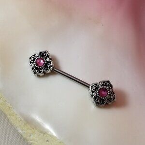 Pair of 14G antique ends nipple bars pink crystal center stainless steel